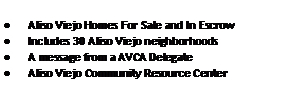 Text Box: Aliso Viejo Homes For Sale and In Escrow Includes 30 Aliso Viejo neighborhoodsA message from a AVCA DelegateAliso Viejo Community Resource Center
